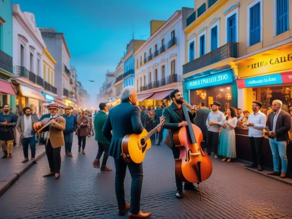 Escena vibrante en Montevideo con músicos locales y una multitud diversa, influencias musicales en el sonido Montevideo