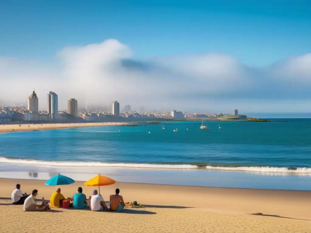 Escena vibrante en playa urbana de Montevideo: sombrillas coloridas, juegos en la arena, edificios altos y mar infinito bajo cielo azul