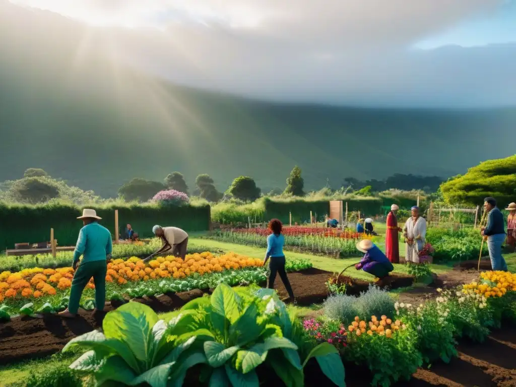 Una escena vibrante de proyectos comunitarios conservación en Uruguay, con personas de todas las edades trabajando juntas en un jardín verde