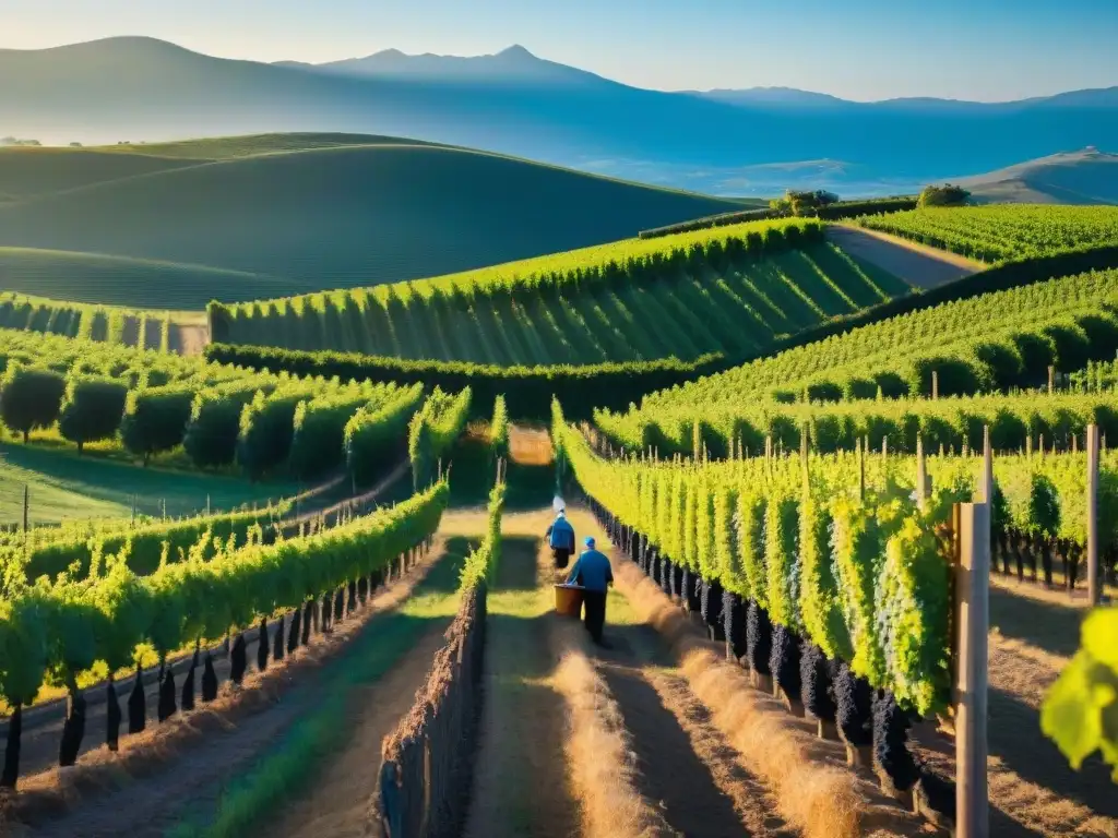 Una escena vibrante de la recolección de uvas en un viñedo de Canelones, Uruguay, bajo el cálido sol dorado