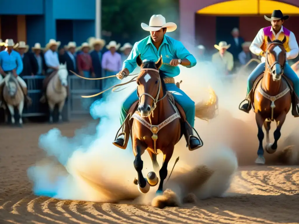 Escena vibrante de un rodeo en Semana Criolla: gauchos, caballos, tradición y emoción en el Prado al atardecer