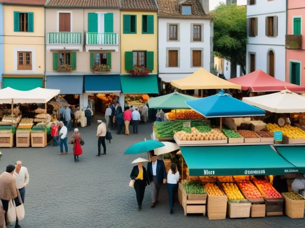 Escena vibrante de la gastronomía tradicional en Colonia Suiza, Uruguay, con puestos de comida y productos locales en un mercado al aire libre