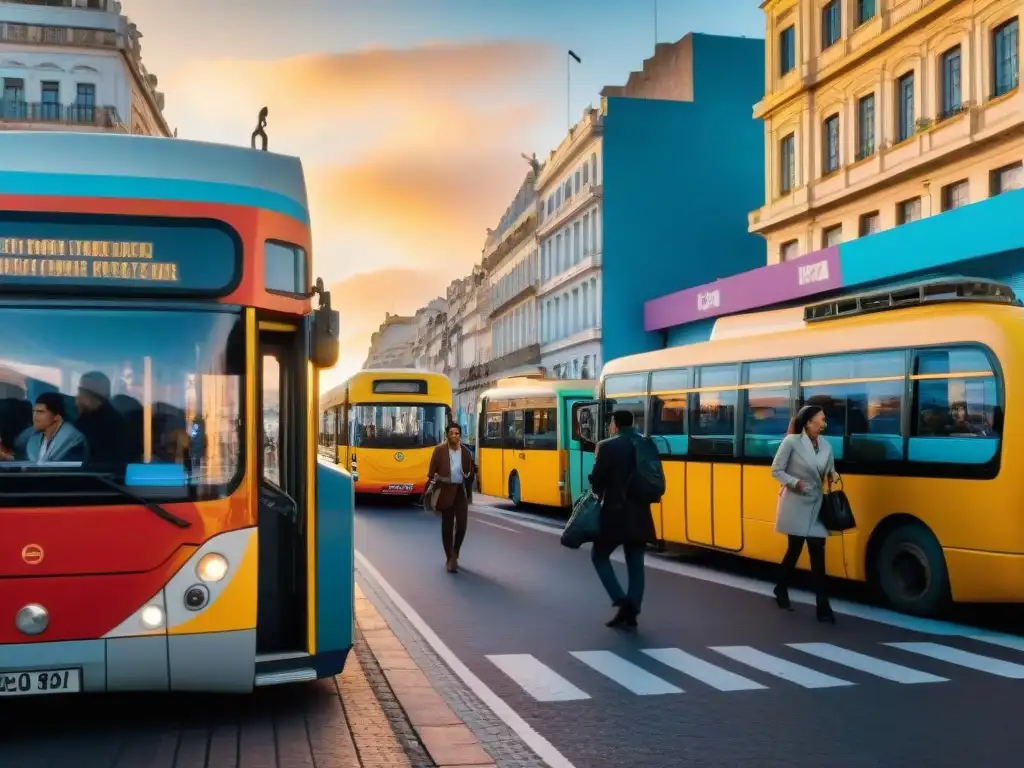 Escena vibrante de transporte público en Montevideo, Uruguay durante la hora pico, con Palacio Salvo de fondo al atardecer