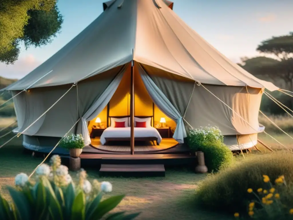 Un escenario de glamping de lujo en Uruguay con el mejor equipamiento, rodeado de naturaleza exuberante y flores silvestres coloridas