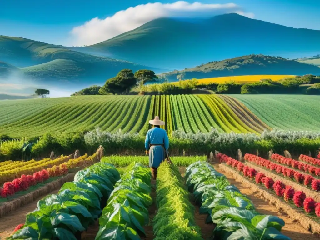 Un escenario idílico de agroturismo en Uruguay: Huertas orgánicas rebosantes de vida, un agricultor trabajando con pasión y un paisaje pintoresco