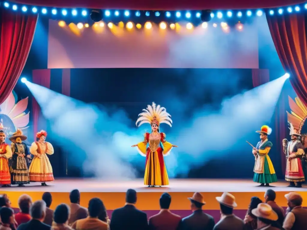 Escenario títeres carnaval Uruguay: coloridas máscaras y marionetas en un teatro vibrante, reflejo de la rica tradición cultural