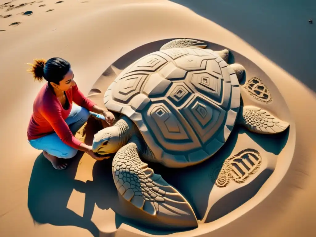 Escultura en arena de tortuga marina en playas de Uruguay, artista concentrado con espectadores alrededor al atardecer