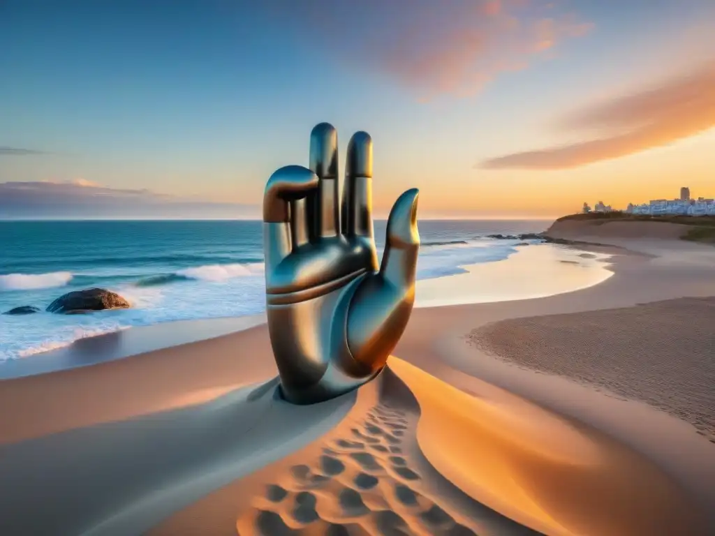 Escultura icónica 'La Mano' emerge de la arena en Punta del Este, Uruguay, bajo un atardecer colorido