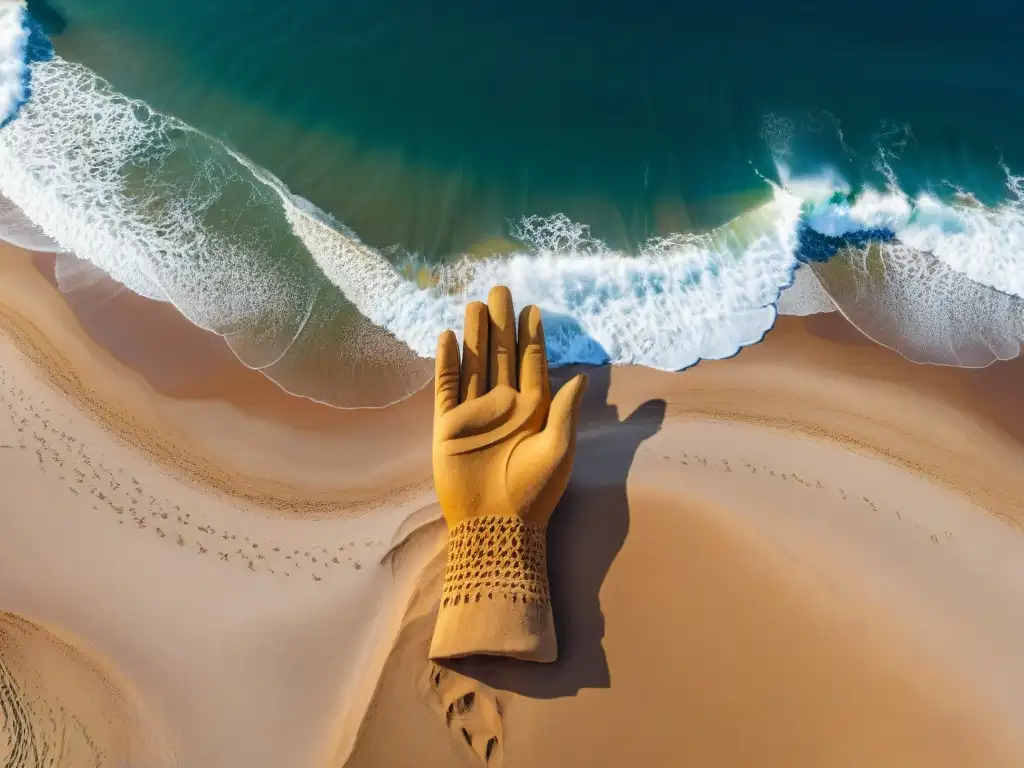 Escultura de la mano en la arena de Punta del Este al atardecer, reflejando conexión y exploración