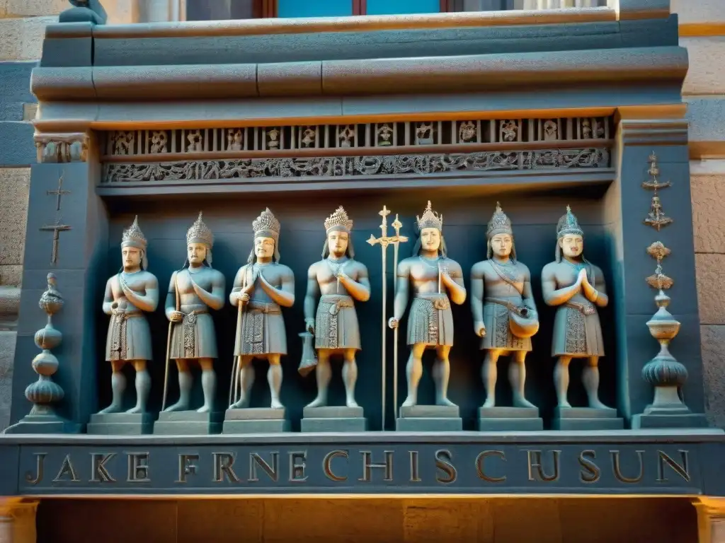 Esculturas antiguas en la entrada de la Iglesia San Francisco de Asís en Montevideo, Uruguay, para viajeros amantes de la historia y el arte