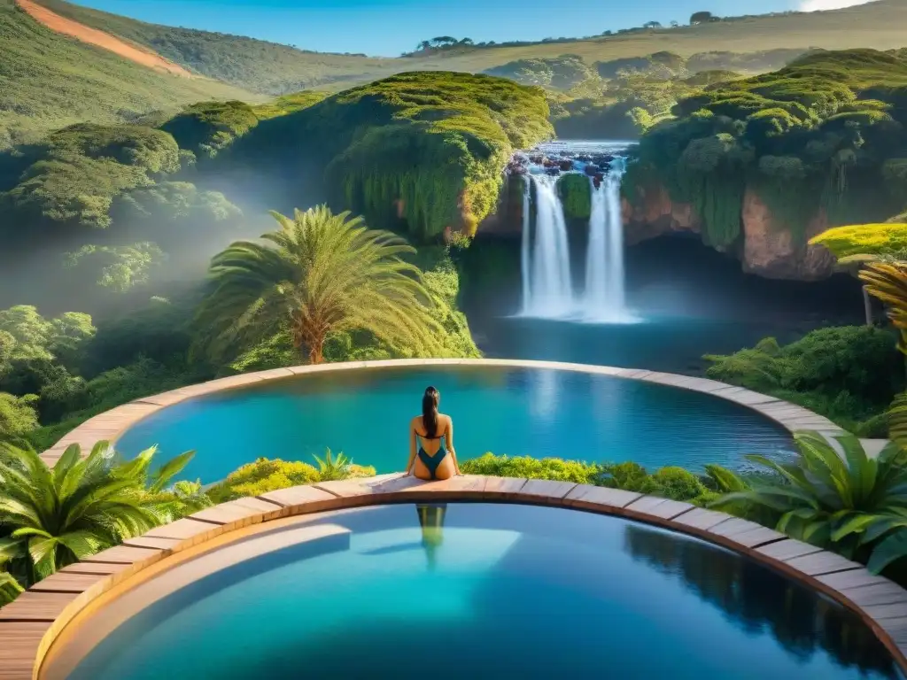 Espacio de relajación en spa de lujo en Uruguay, piscina rodeada de palmeras y cascada natural