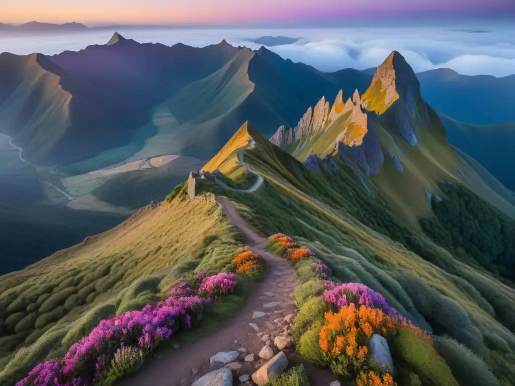 Espectacular amanecer sobre la áspera cordillera Cerro Catedral en Uruguay