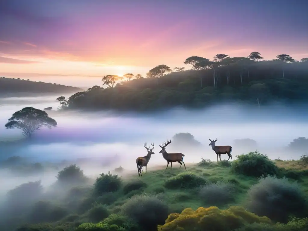 Espectacular amanecer sobre un bosque virgen en Uruguay, con colores vibrantes y ciervos emergiendo