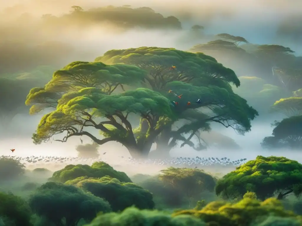 Espectacular amanecer sobre un bosque exuberante en Uruguay, con aves exóticas coloridas en ramas