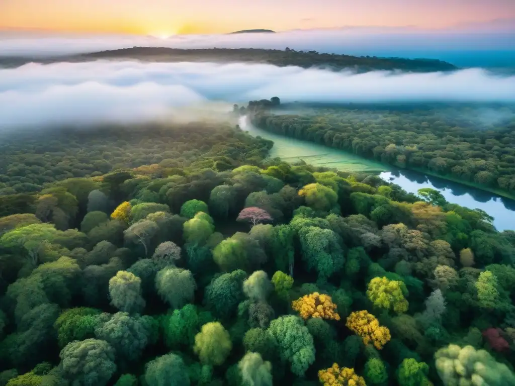 Espectacular amanecer sobre un bosque virgen en Uruguay, con río, aves y luz dorada