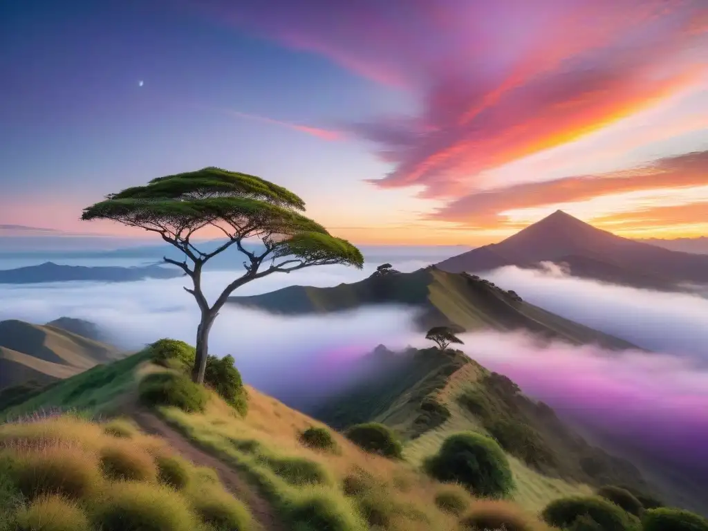 Espectacular amanecer en Cerro Largo, pintando el cielo de rosa, naranja y morado, reflejando la belleza natural de Uruguay