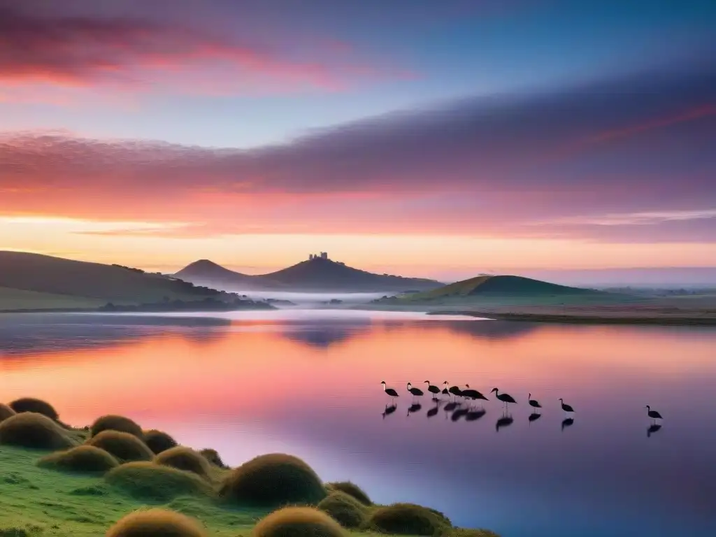 Espectacular amanecer sobre colinas uruguayas con lago y fauna silvestre