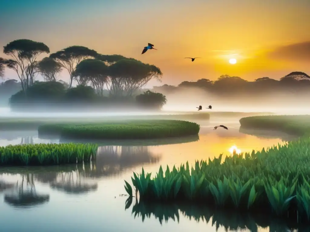 Espectacular amanecer en humedal de Uruguay con aves coloridas