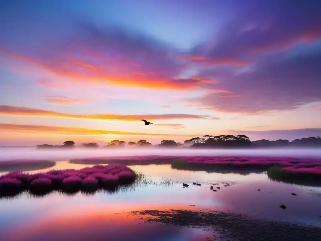 Espectacular amanecer en humedales de Uruguay con aves y vegetación