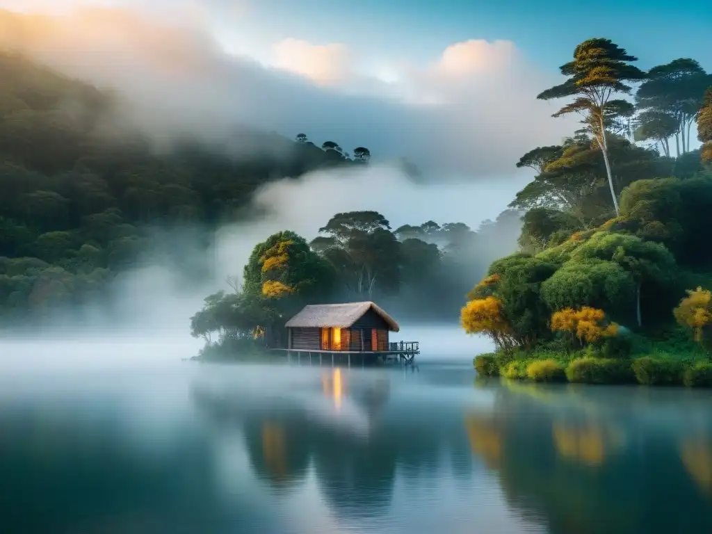 Espectacular amanecer sobre lago en Uruguay, con cabañas en bosque