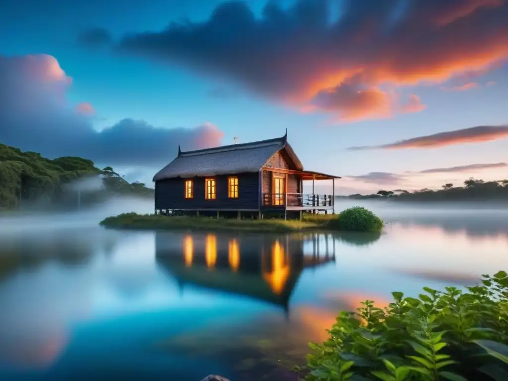 Espectacular amanecer en lago de Uruguay, reflejando la naturaleza