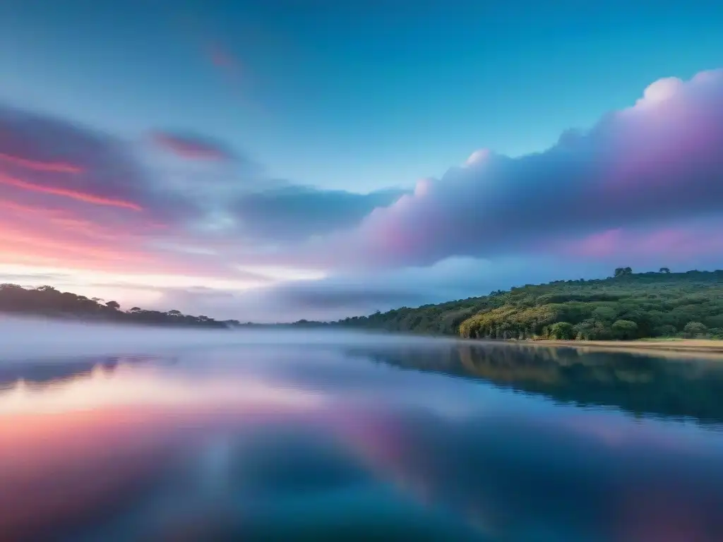 'Espectacular amanecer en lago uruguayo, reflejando colores pastel