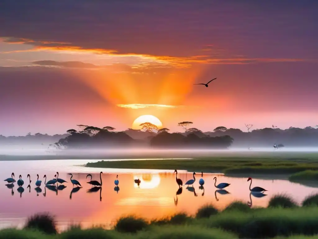 Espectacular amanecer en Laguna Garzón, Uruguay, con aves silueteadas y colores vibrantes reflejados en el agua