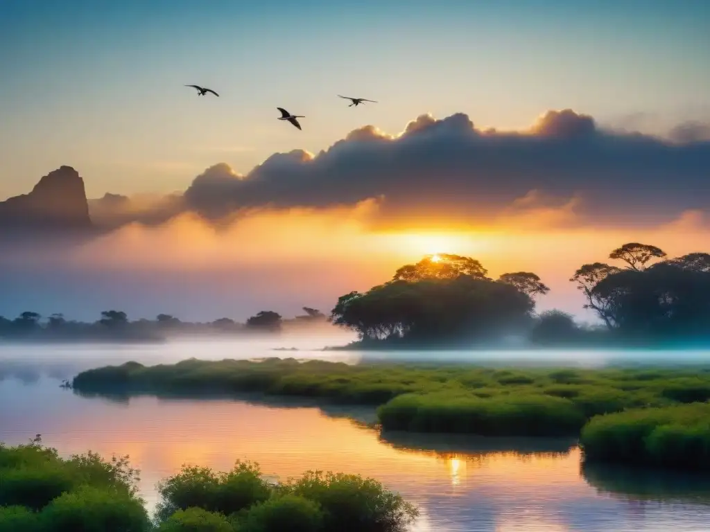 Espectacular amanecer sobre Laguna de Rocha con diversa vida silvestre y exuberante vegetación