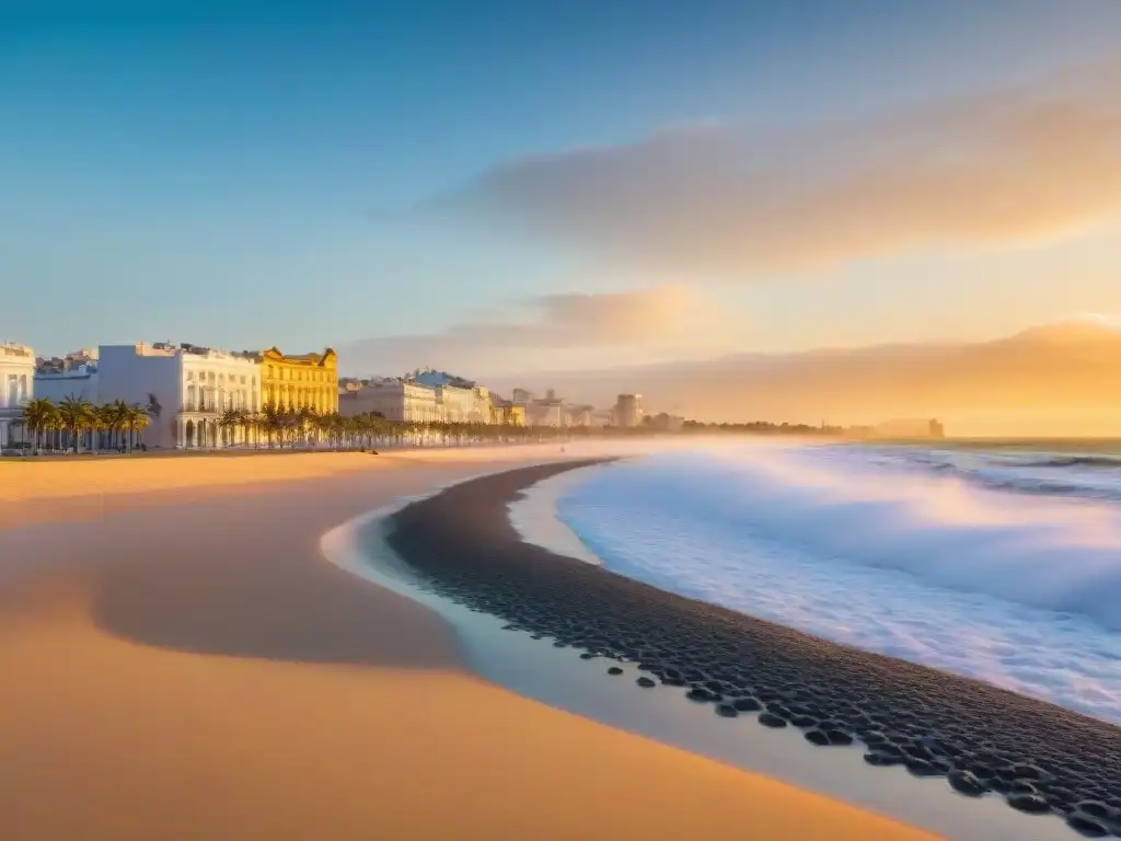 Espectacular amanecer en Playa Pocitos, Montevideo, con corredor solitario y coloridos edificios de fondo