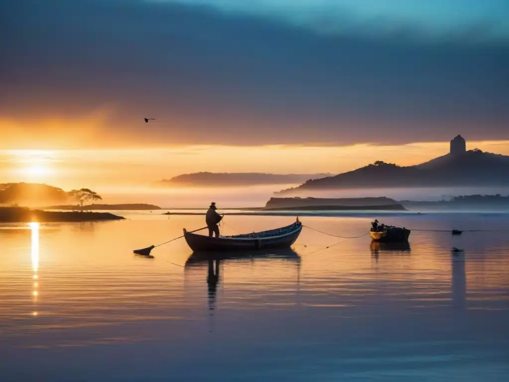 Espectacular amanecer sobre el Río de la Plata en Uruguay, con barcaza de pesca tradicional