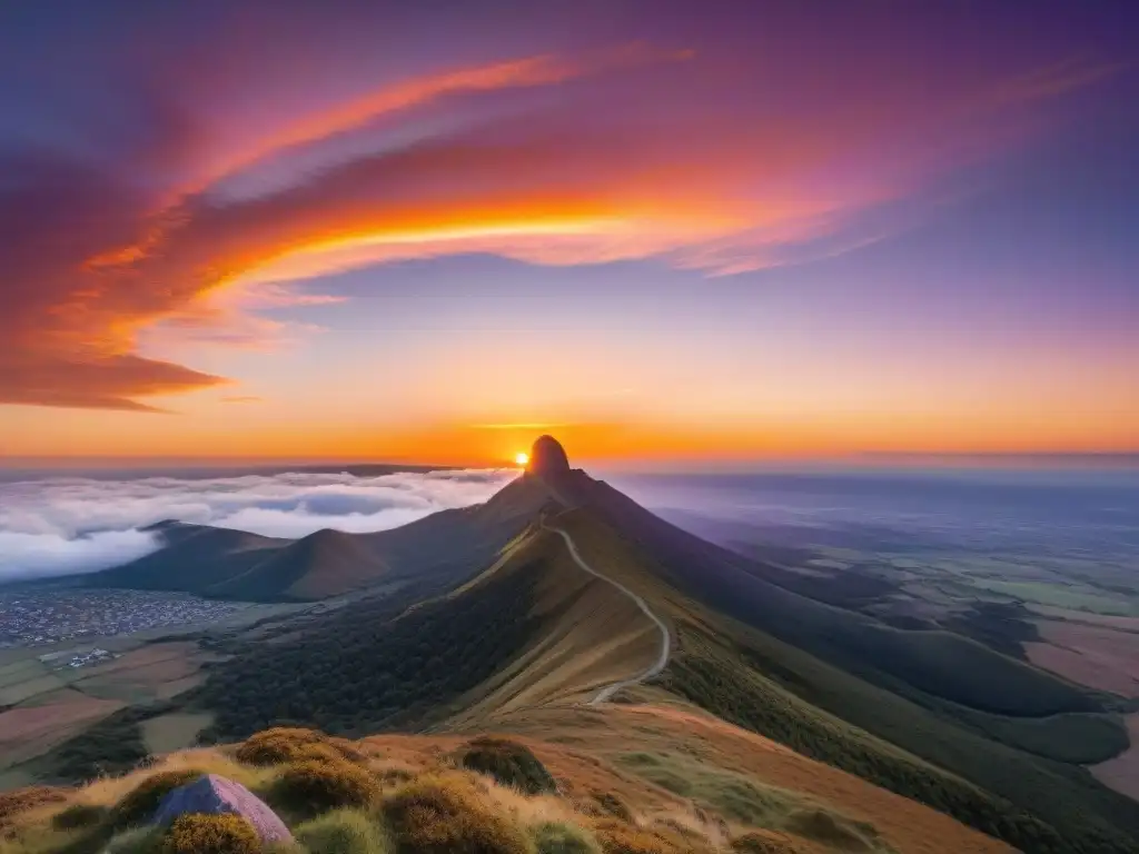 Espectacular atardecer en el Cerro de las Ánimas en Uruguay, bañando el paisaje en tonos dorados