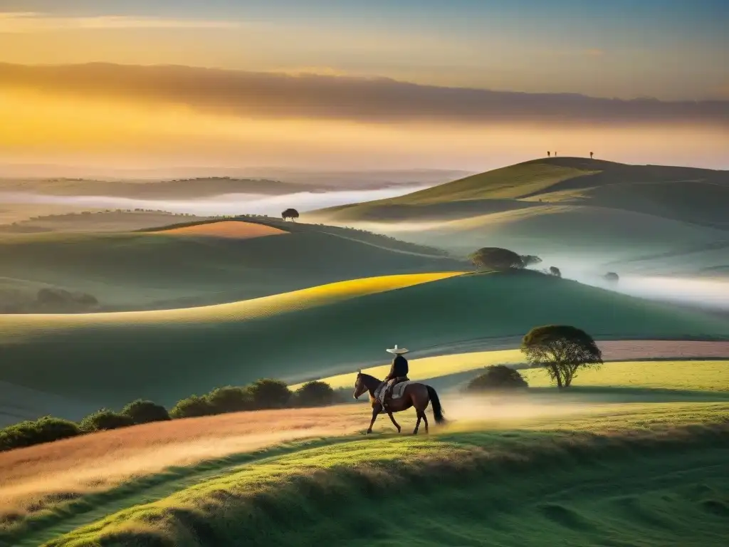 Espectacular atardecer en colinas de Uruguay con gaucho a caballo