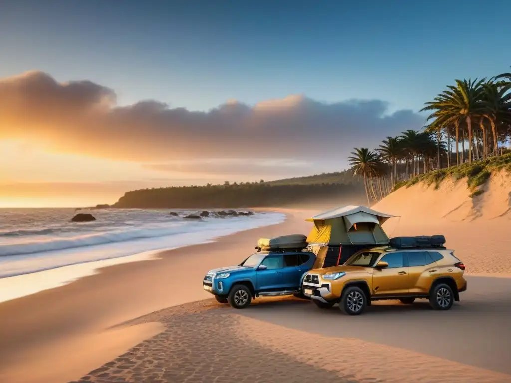 Espectacular atardecer en la costa de Punta del Este, Uruguay, con fila de vehículos y tiendas de techo