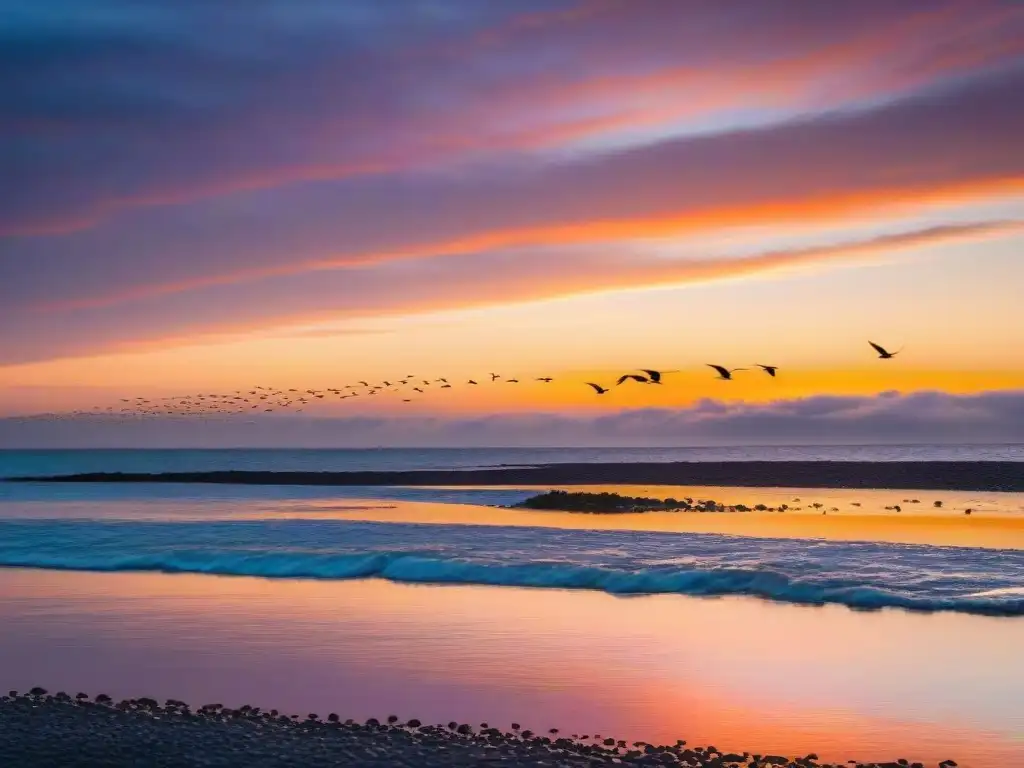 Espectacular atardecer costero en Uruguay con aves costeras en vuelo