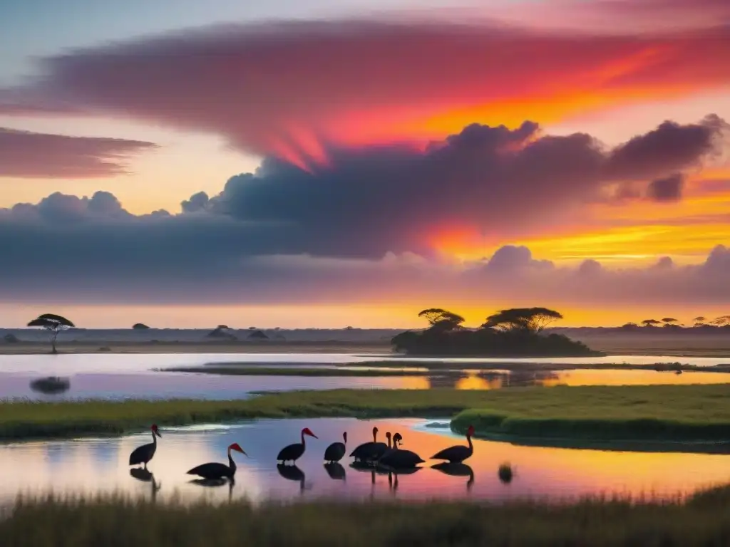 Espectacular atardecer en Esteros de Farrapos, Uruguay, con vida silvestre