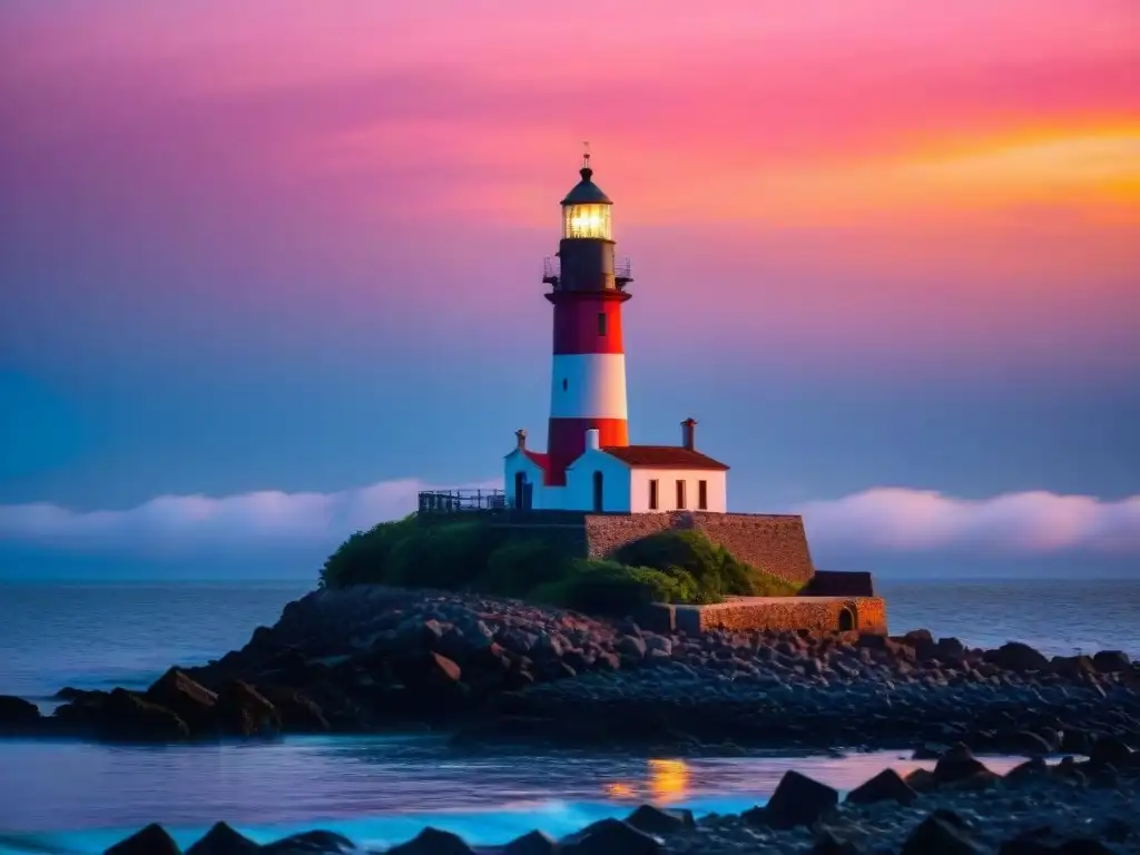 Espectacular atardecer sobre el histórico faro en Colonia del Sacramento, Uruguay