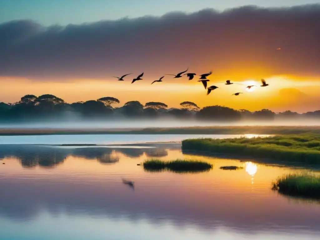 Espectacular atardecer en humedal uruguayo con aves migratorias en Uruguay en vuelo y reflejadas en el agua