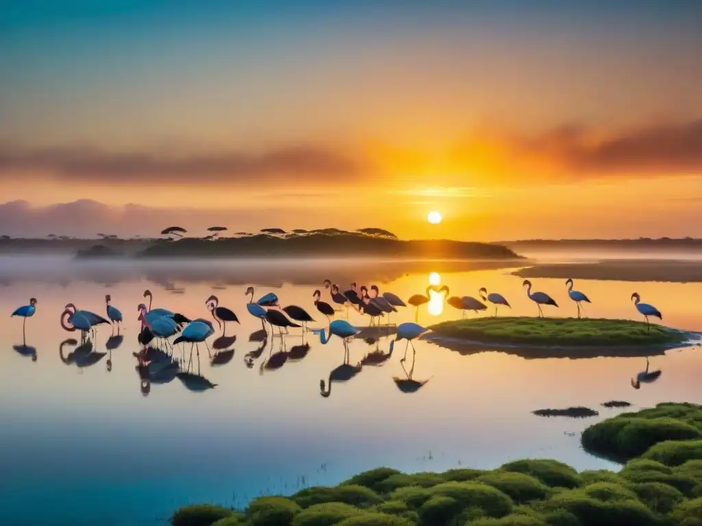 Espectacular atardecer en humedales de Parque Nacional Bañados del Este y Franja Costera en Uruguay, con diversa fauna silueteada