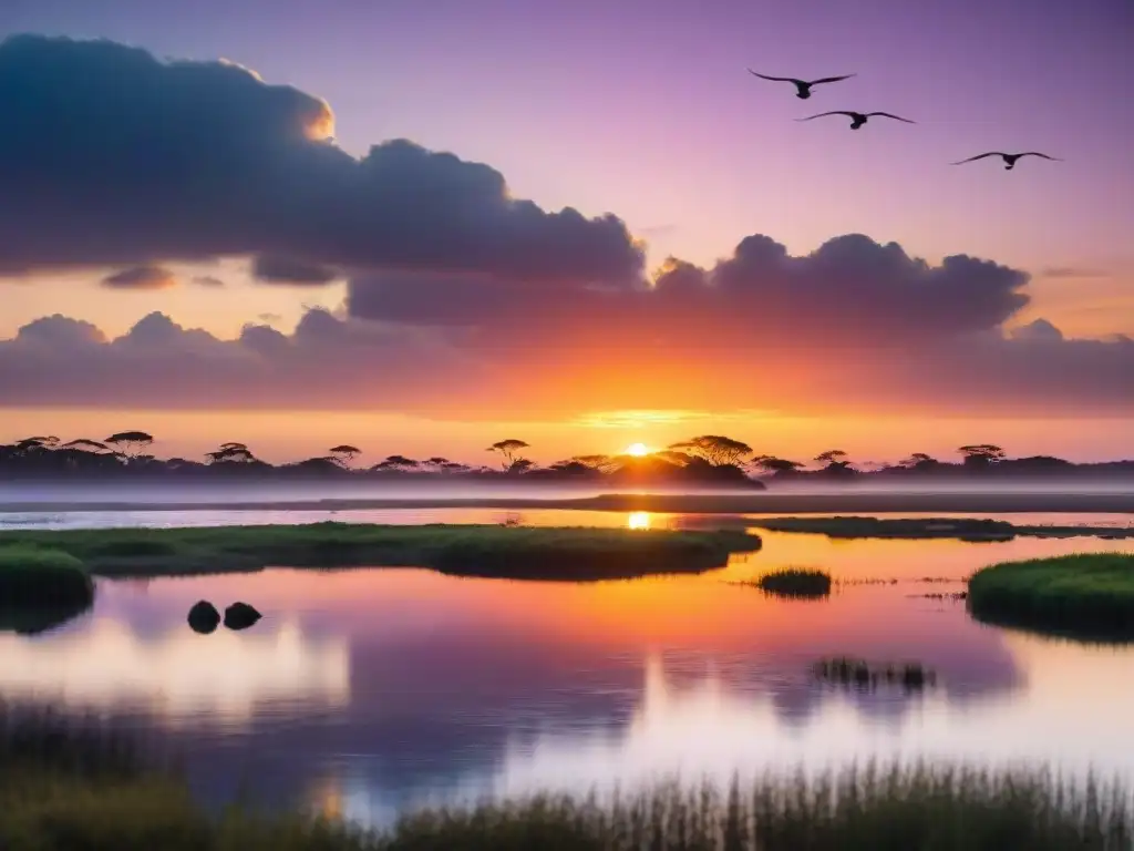 Espectacular atardecer en humedales del Parque Nacional Bañados del Este y Franja Costera en Uruguay