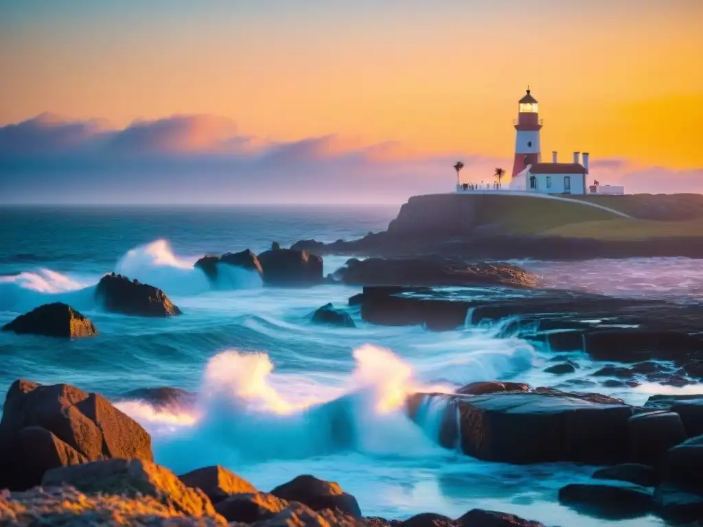 Espectacular atardecer en el icónico faro de Punta del Este, Uruguay