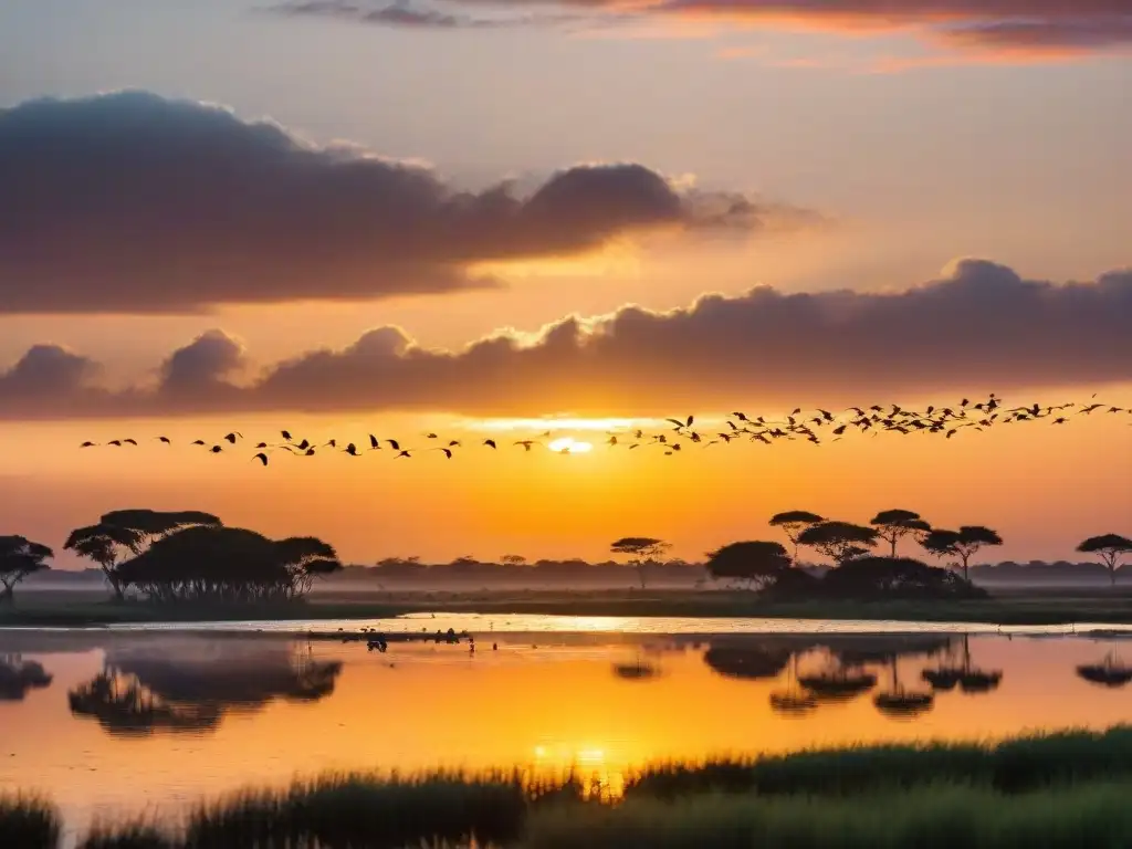 Espectacular atardecer en Laguna de Rocha, Uruguay, con aves migratorias en vuelo