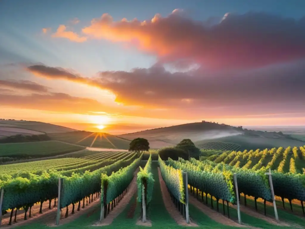 Espectacular atardecer en las mejores bodegas de Uruguay, con viñedos y pareja disfrutando vino al anochecer