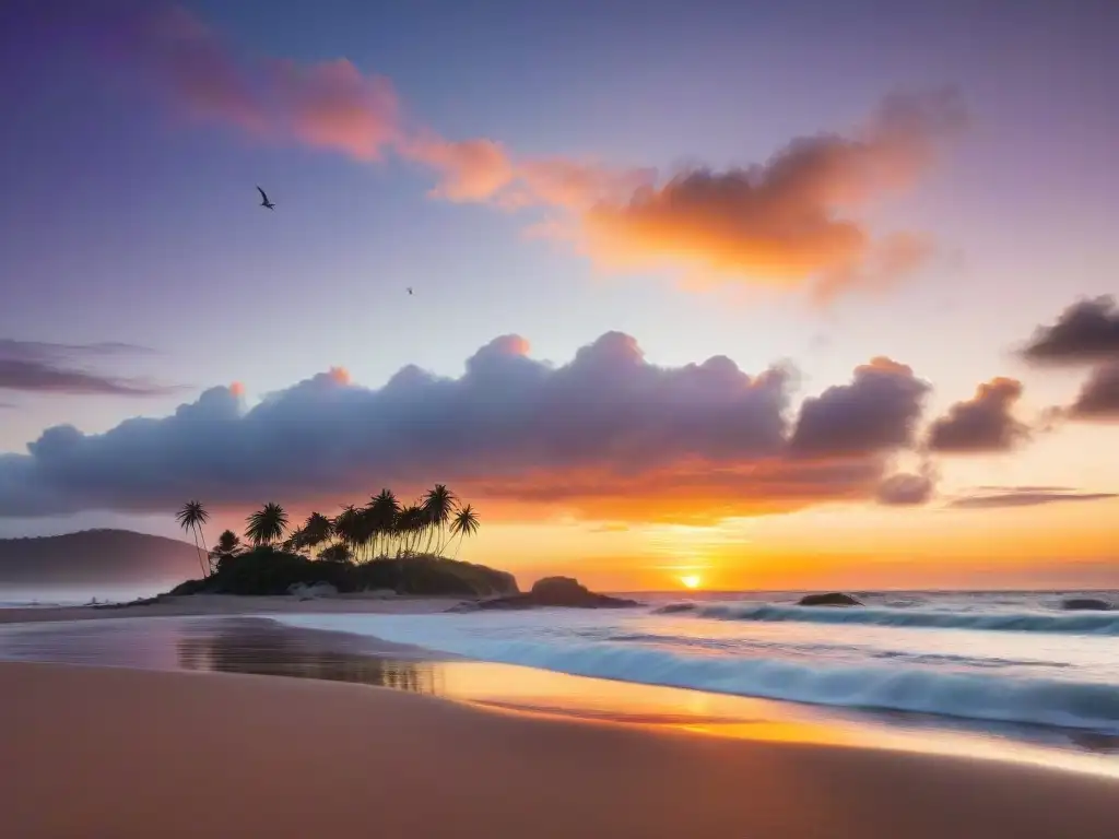 Espectacular atardecer en Playa Grande, Piriápolis, Uruguay, con Cerro San Antonio al fondo