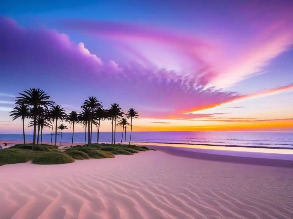 Puesta de sol vibrante en Playa Brava, Punta del Este Espectacular atardecer en Playa Brava, Punta del Este, con tonos rosa, naranja y morado sobre el océano Atlántico