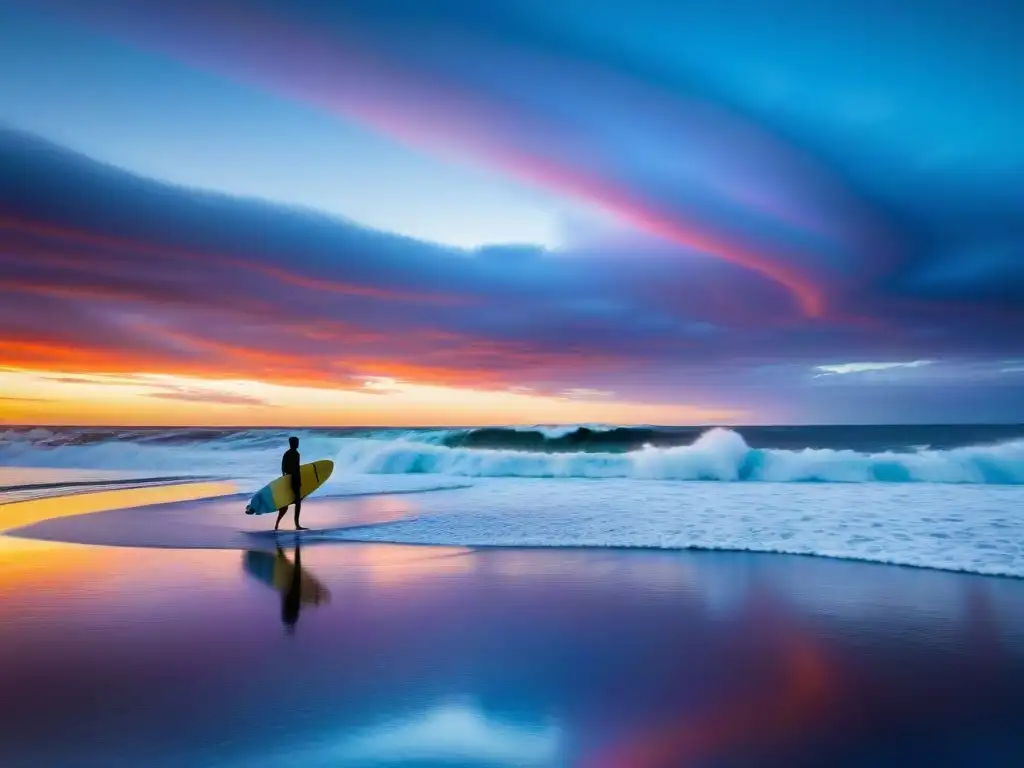 Espectacular atardecer en Playa Brava, Punta del Este, donde surfistas disfrutan de las últimas olas, capturando la cultura del surf en Uruguay