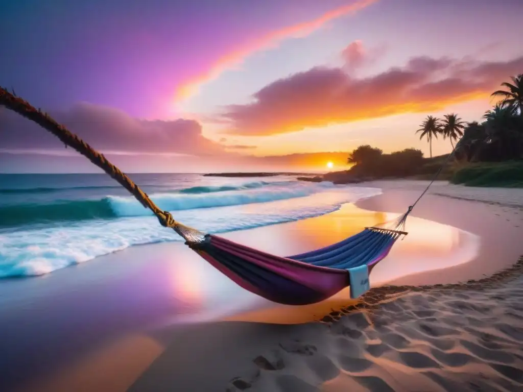 Espectacular atardecer en una playa serena de Uruguay, con hamaca entre palmeras