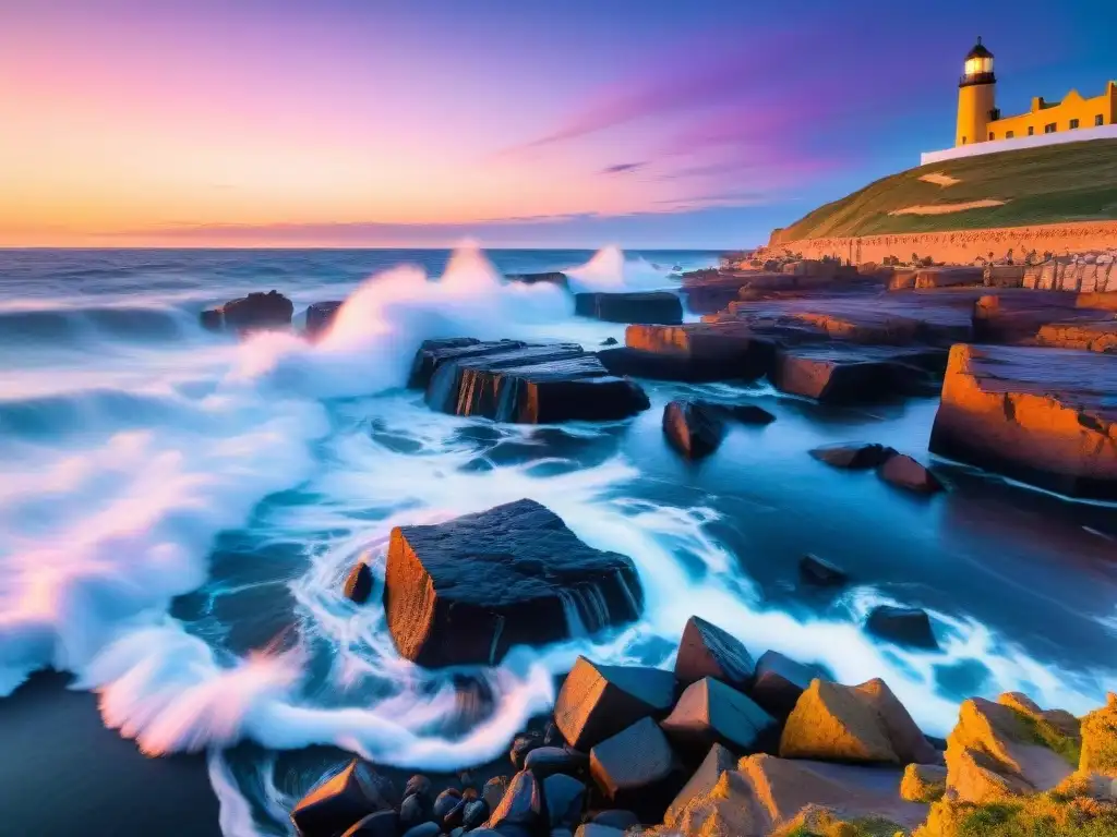 Espectacular atardecer en Punta del Diablo, Uruguay, con colores vibrantes y olas rompiendo en la costa rocosa