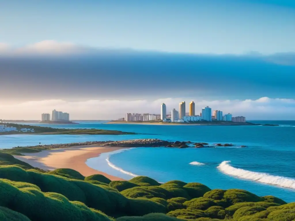 Espectacular atardecer en Punta del Este con sus edificios turísticos icónicos y arte urbano