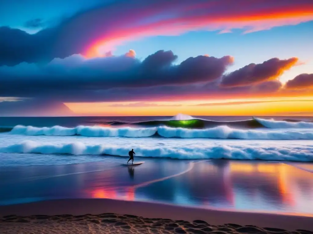 Espectacular atardecer en Punta del Diablo, Uruguay, con surfistas disfrutando las olas