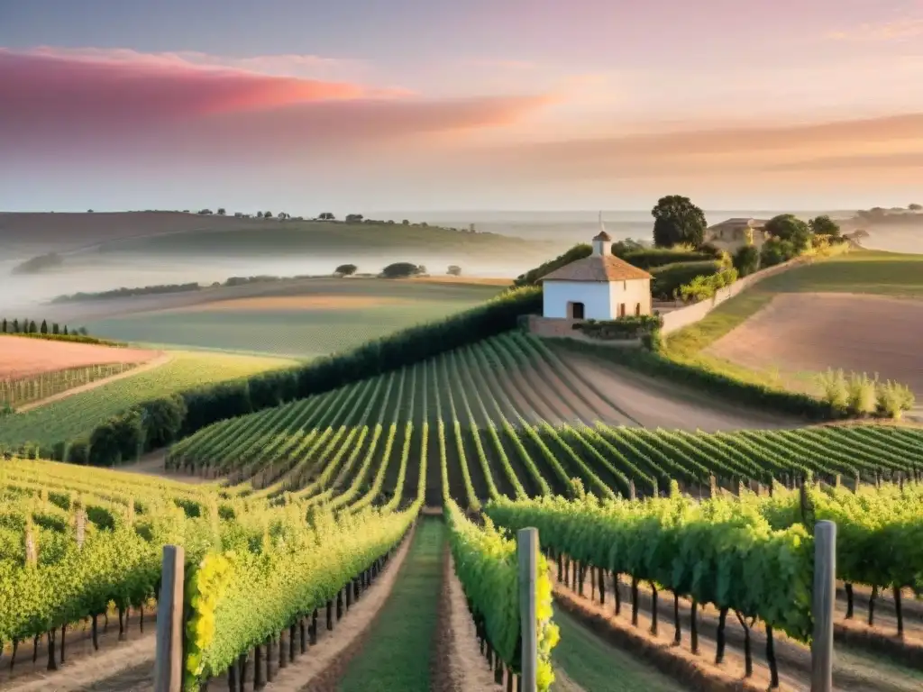 Espectacular atardecer sobre viñedos en Uruguay, con tonos dorados y un letrero que señala una bodega